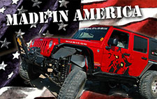 Made in America text with a red MetalCloak Jeep and an American flag