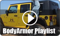 Body armor playlist with yellow Jeep and man standing on fender